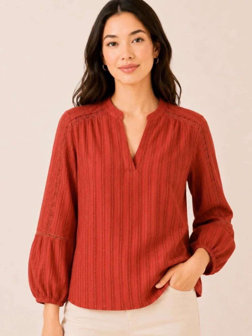 Ann Taylor Rust Eyelet Stripe Balloon Sleeve Lined Blouse - Size - NWT